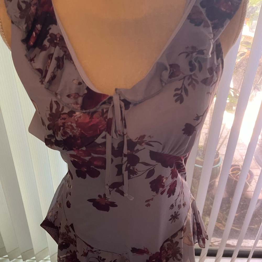 Rebellious One Lavender top with Burgundy Floral Print